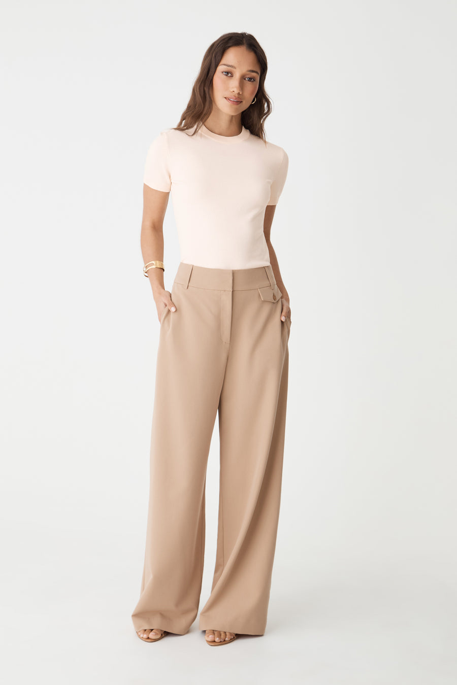 Catherine Short Sleeve Knit in Alabaster, front view worn with beige wide-leg trousers