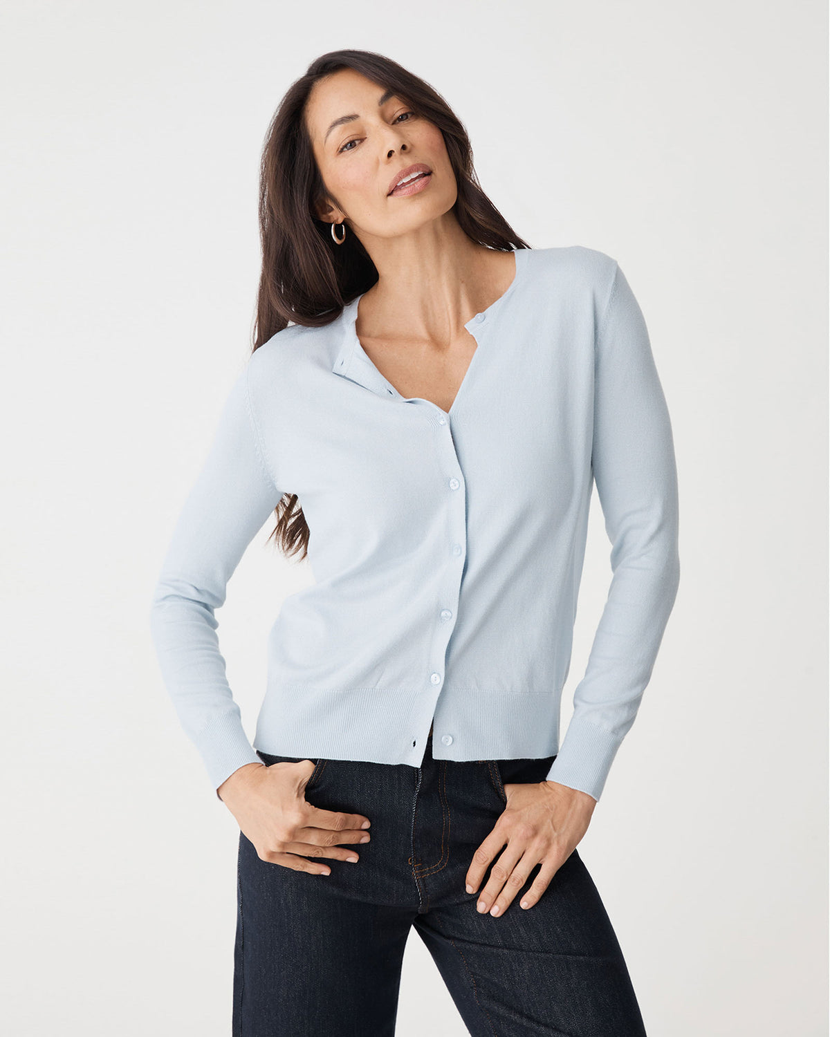 Joyce Knit Cardigan in dusk blue — close-up view