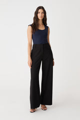 Soho Scoop Neck Top in dark navy, front view worn with black wide-leg trousers