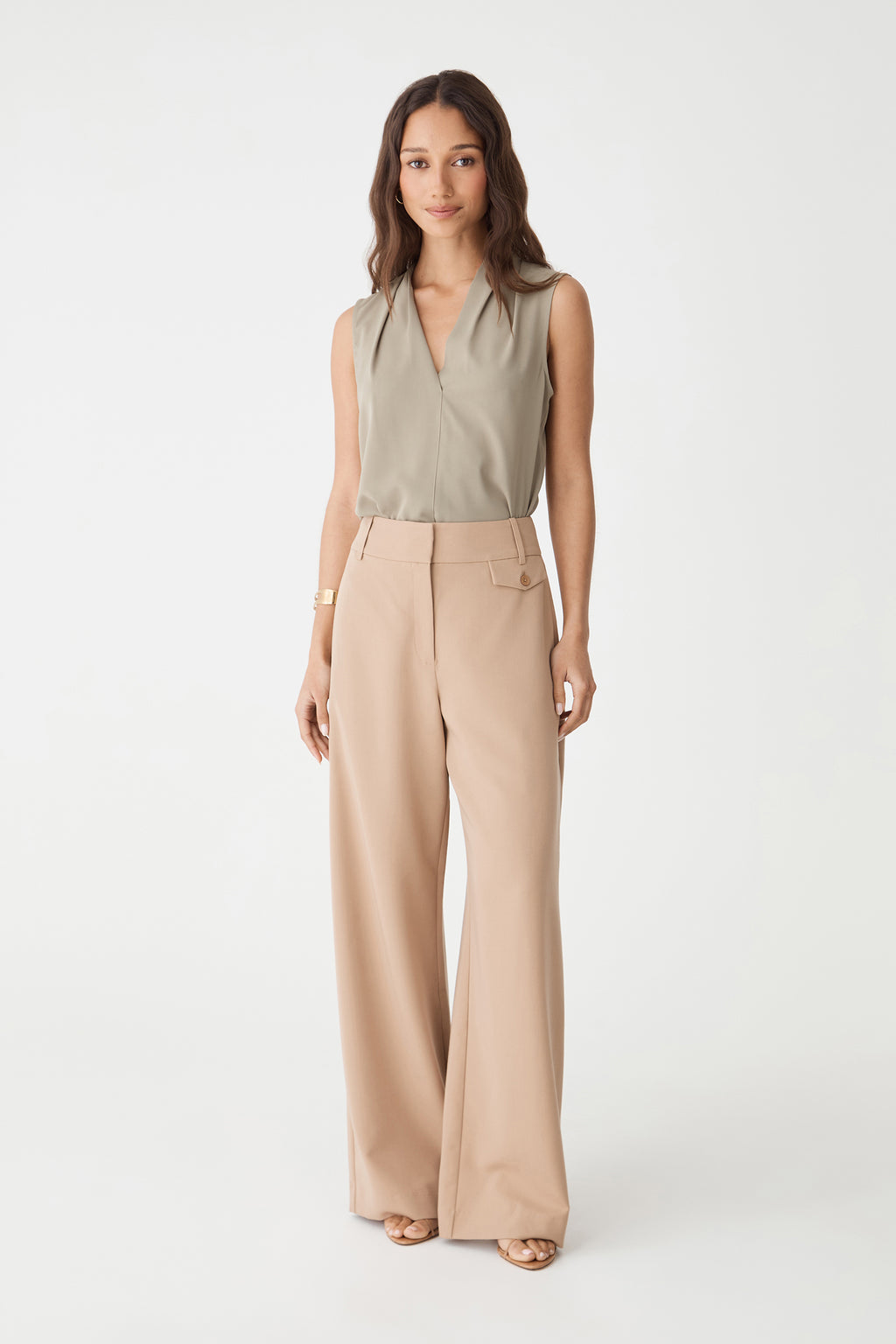 Alivia 2 V-Neck Top in khaki, front view, sleeveless top worn with beige wide-leg pants