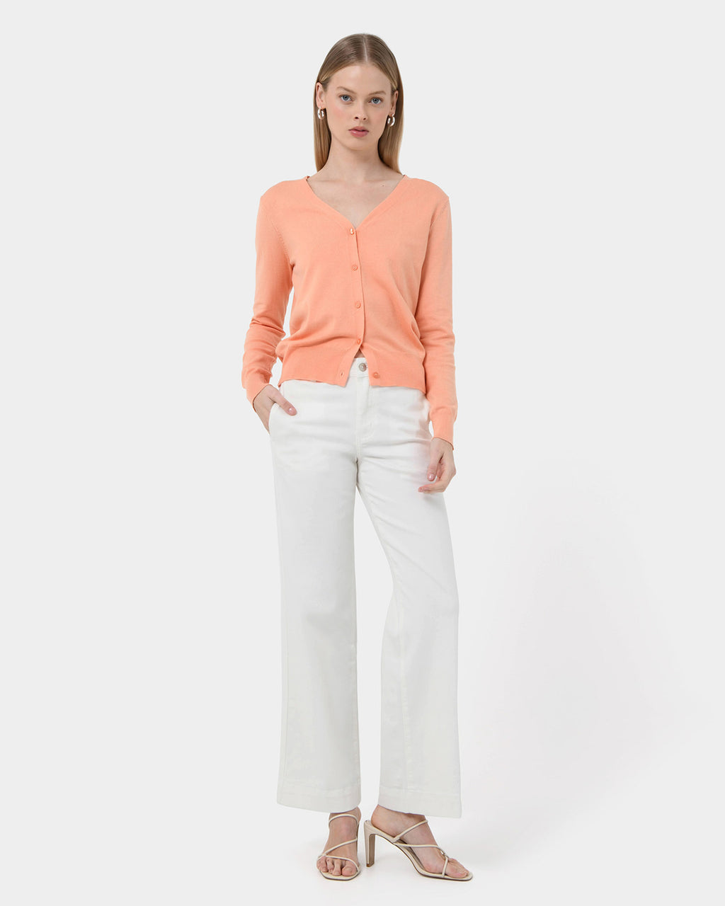 Nicolette V-Neck Knit Cardigan in coral cream — full-length view