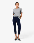Josie Cropped Notch Pants in navy, full-length front view worn with a grey tee and black heels