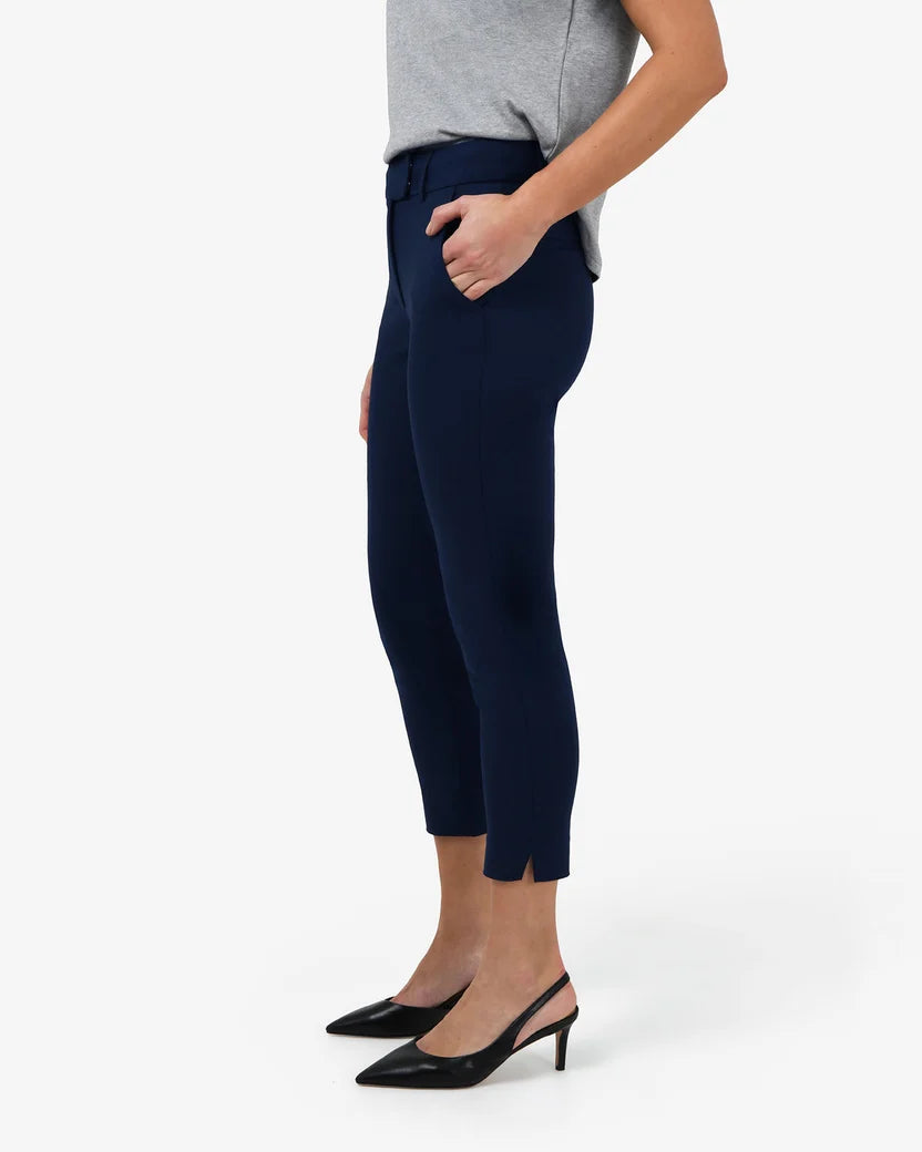 Side view showing the fitted leg, side split and cropped length