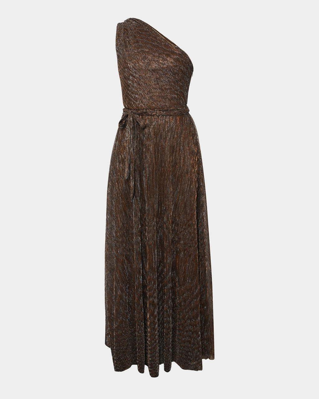 Avah One Shoulder Dress in metallic bronze — product-only view