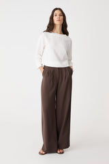 Rumy Wide Leg Tailored Pants in chocolate, front view worn with a white long sleeve top