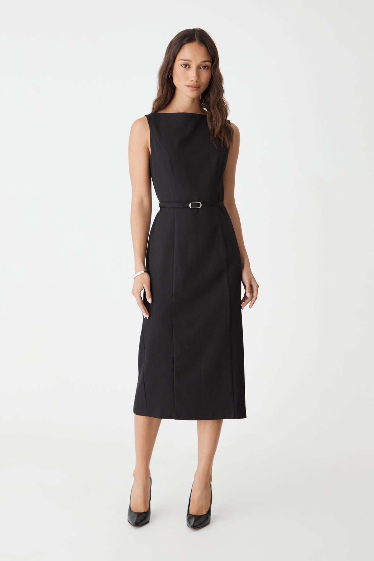 Front view of the black Mila Pencil Midi Dress with belt fastened at the waist