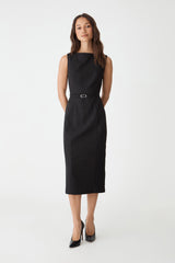Mila Pencil Midi Dress in black, front view with slim belt at the waist, worn with black heels