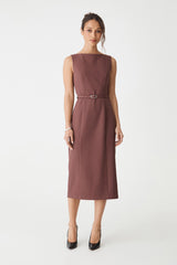 Mila Pencil Midi Dress in cinnamon, front view with slim belt buckled at the waist