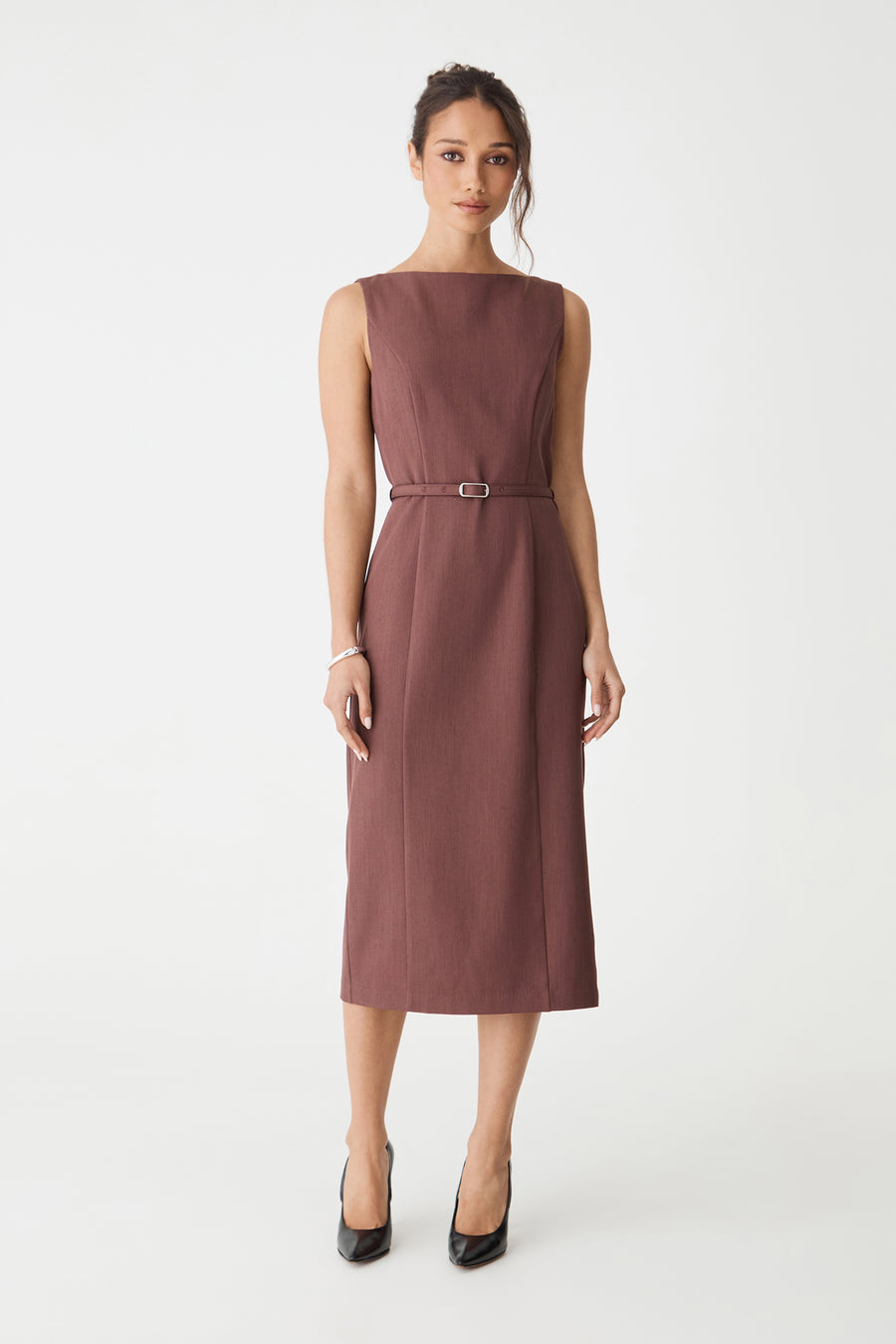 Mila Pencil Midi Dress in cinnamon, front view with slim belt buckled at the waist