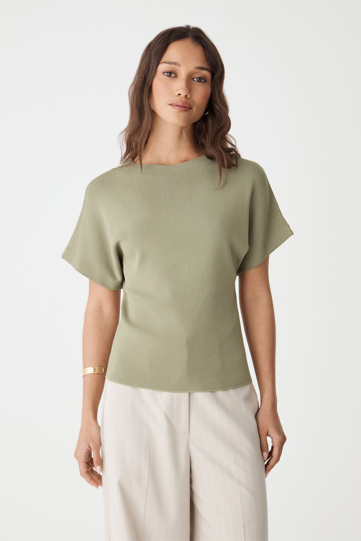 Front close view of the Jemma Relaxed Knit Top in soft khaki, showing round neckline and dropped shoulder sleeves
