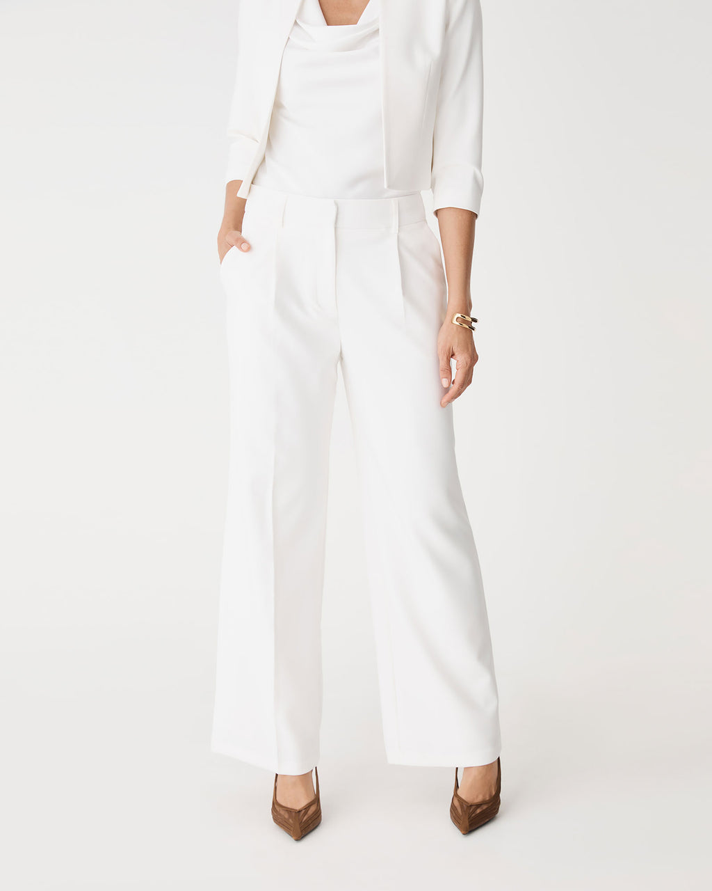 Nikki Tailored Pants in ivory, front view cropped at the waist showing pleats and wide straight leg