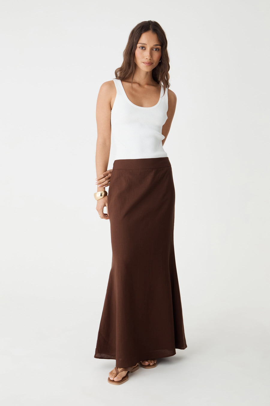 Amelia Linen Blend Maxi Skirt in chocolate, front view worn with a white tank top