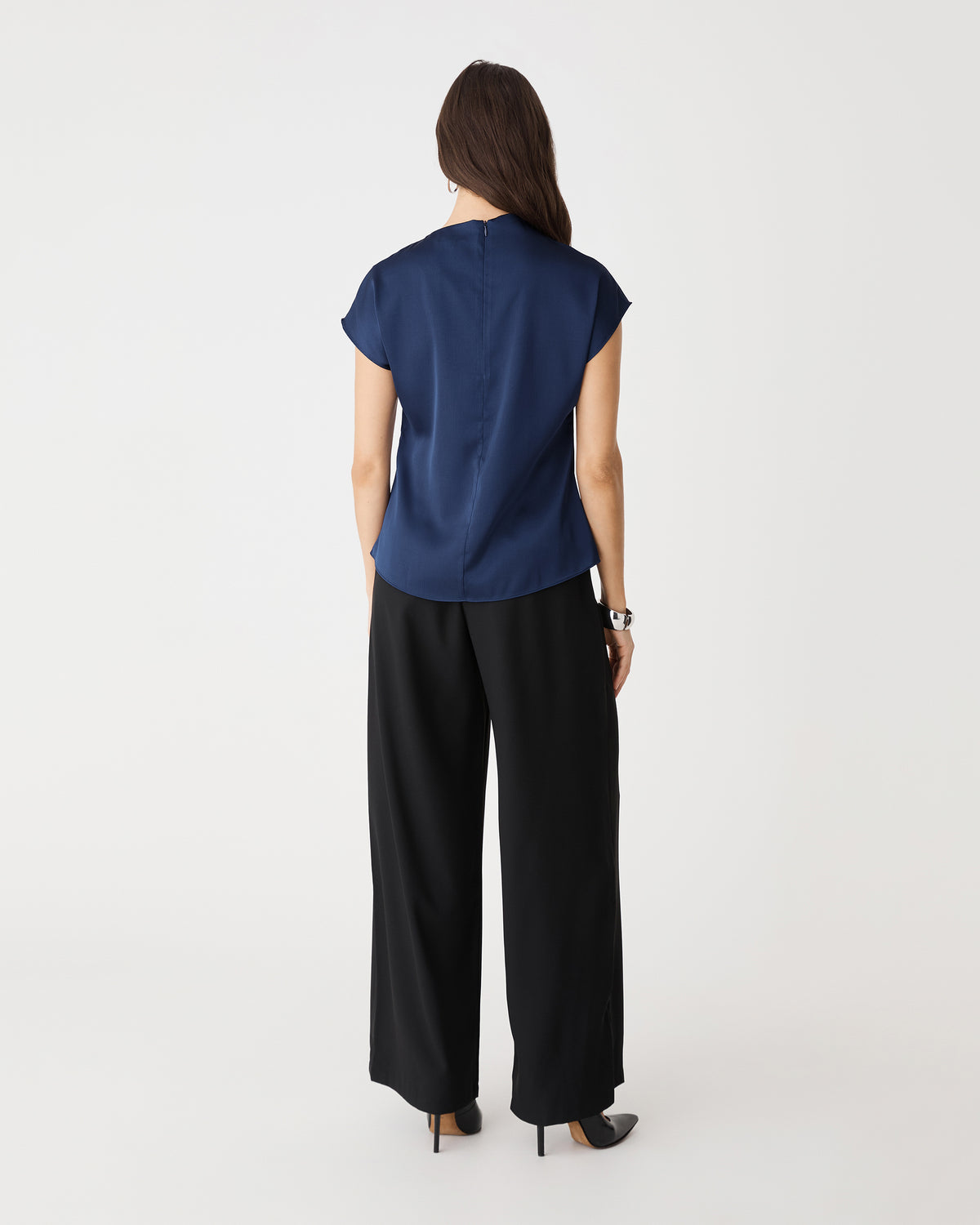 Back view of the navy Zafina Pleated Draped Top with invisible back zipper