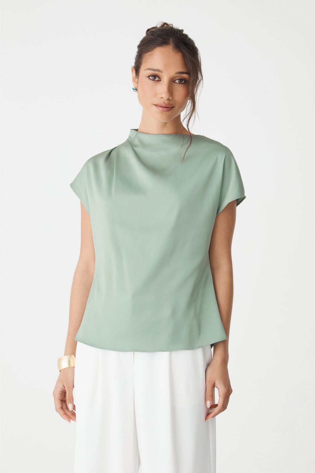 Close-up front view of the Zafina Pleated Draped Top in spearmint showing draped neckline and cap sleeves