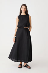 Kenya 2 Ruched Linen Top in black, front view, worn with matching black Kenya Linen Skirt