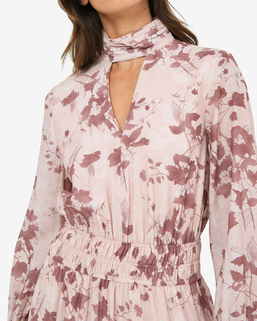 Lesley Tiered Floral Dress in pink floral — fabric detail