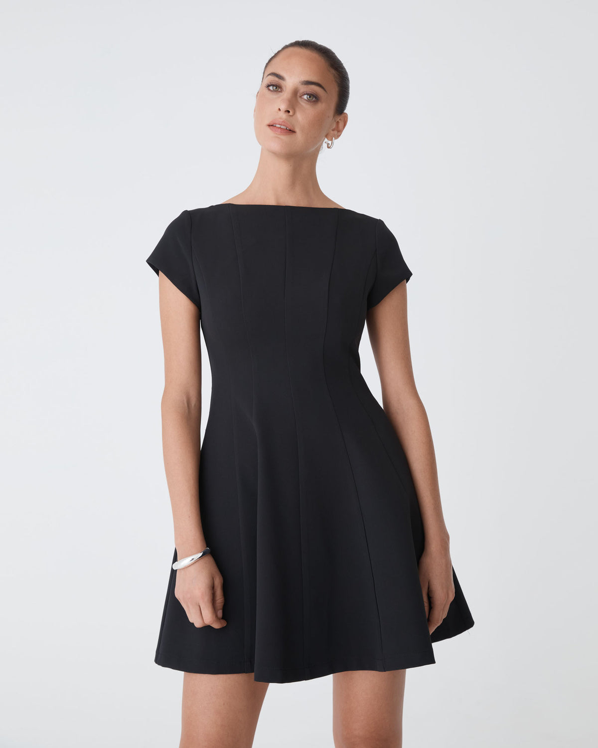 Darcy Short Sleeve Panel Dress in black — close-up view