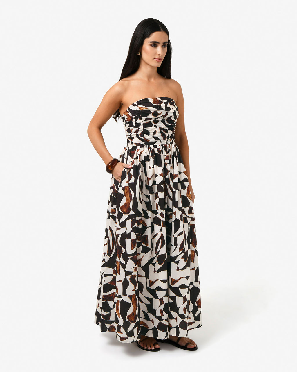 Hazel Printed Strapless Dress in brown retro — full-length view 2