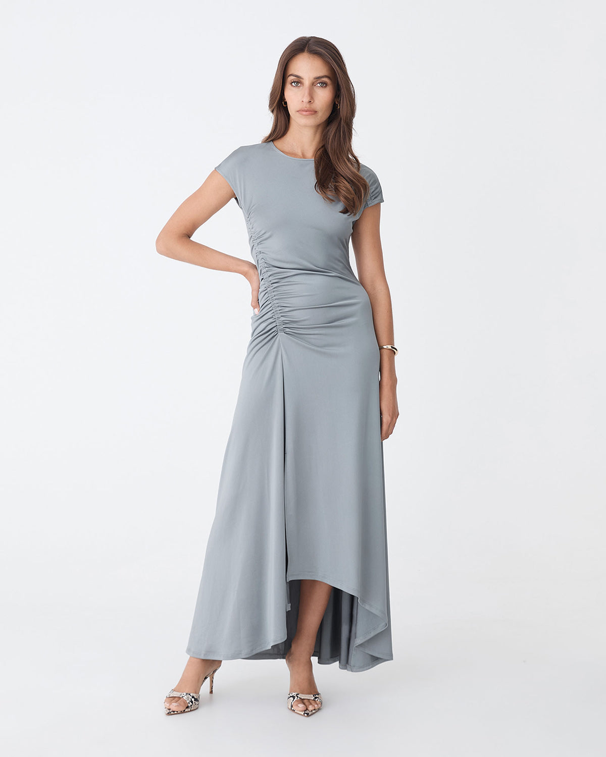 Kim Asymmetric Ruched Dress in pewter — full-length view 2