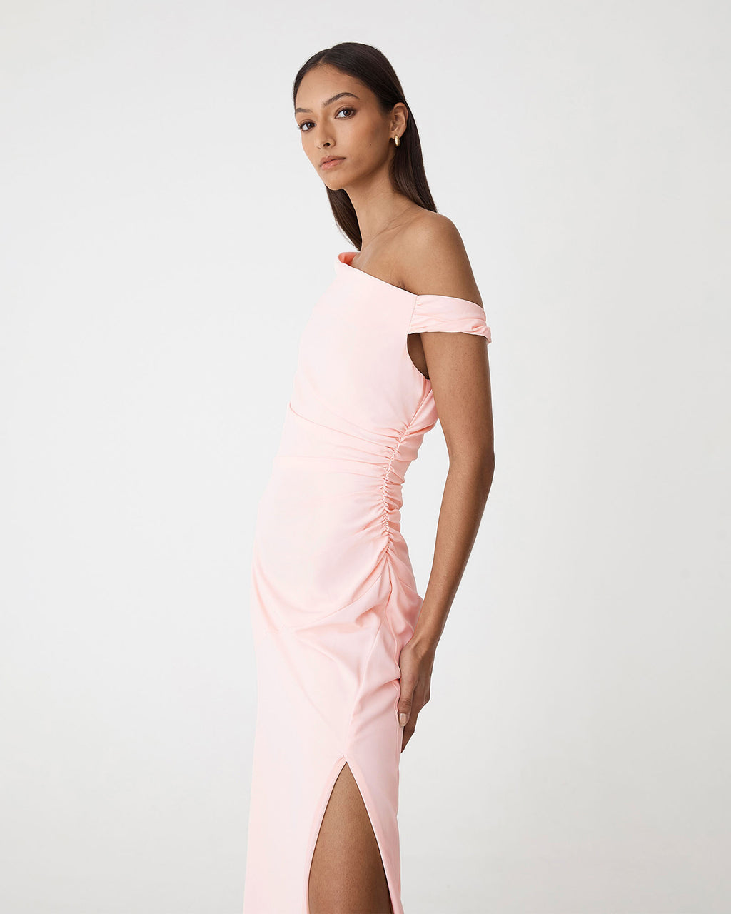 Afina One Shoulder Twist Dress in soft pink — side view