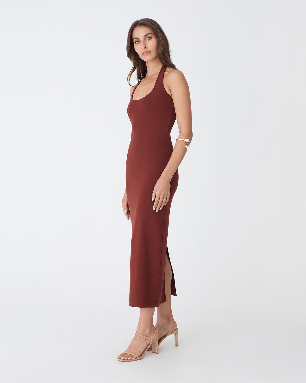 Jolin Halter Neck Rib Dress in brick — view 3