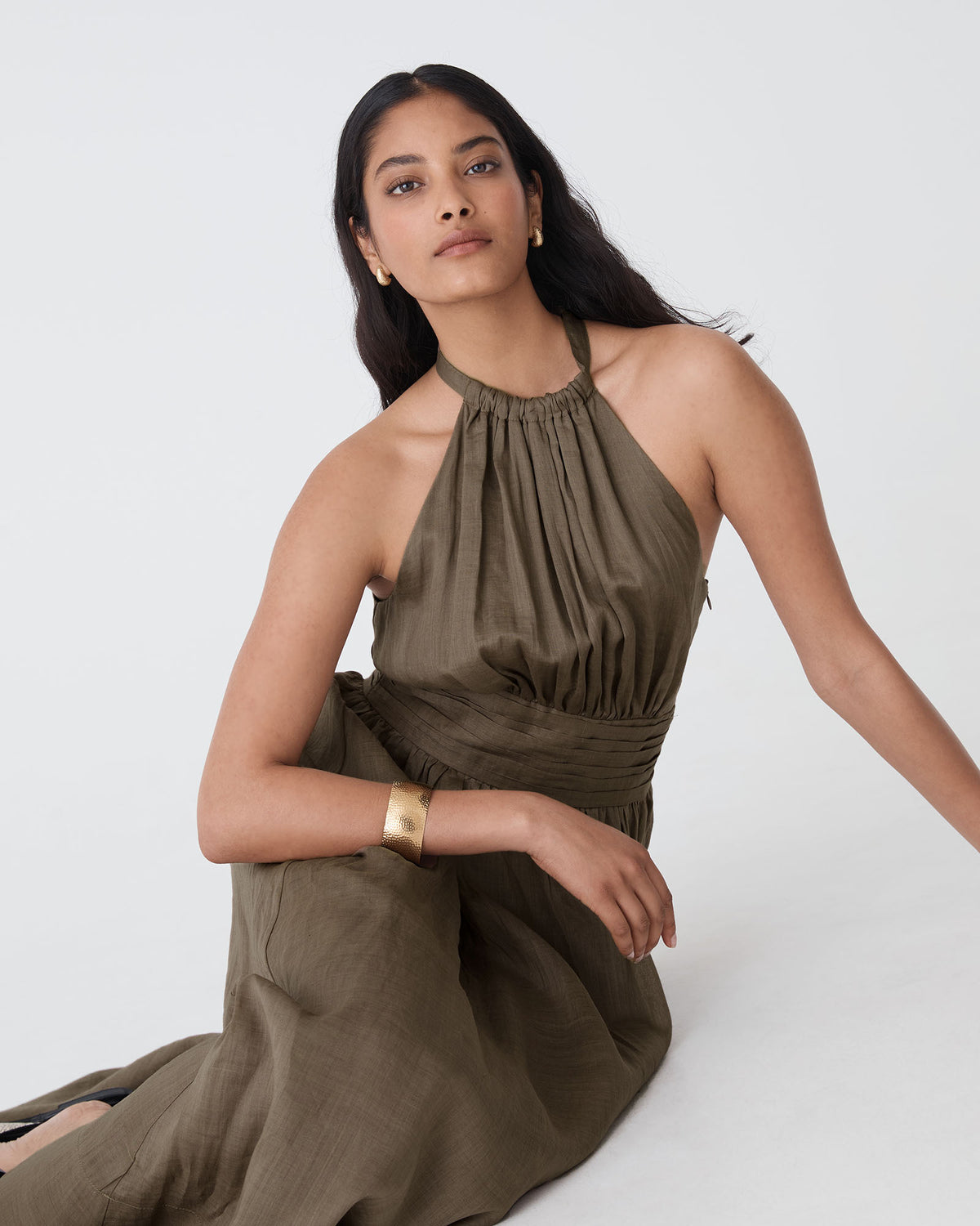 Miami Gathered Neck Hemp Dress in khaki — close-up view 2