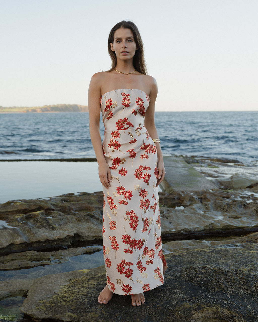 Priya Strapless Column Dress in red daisy — full-length view 2