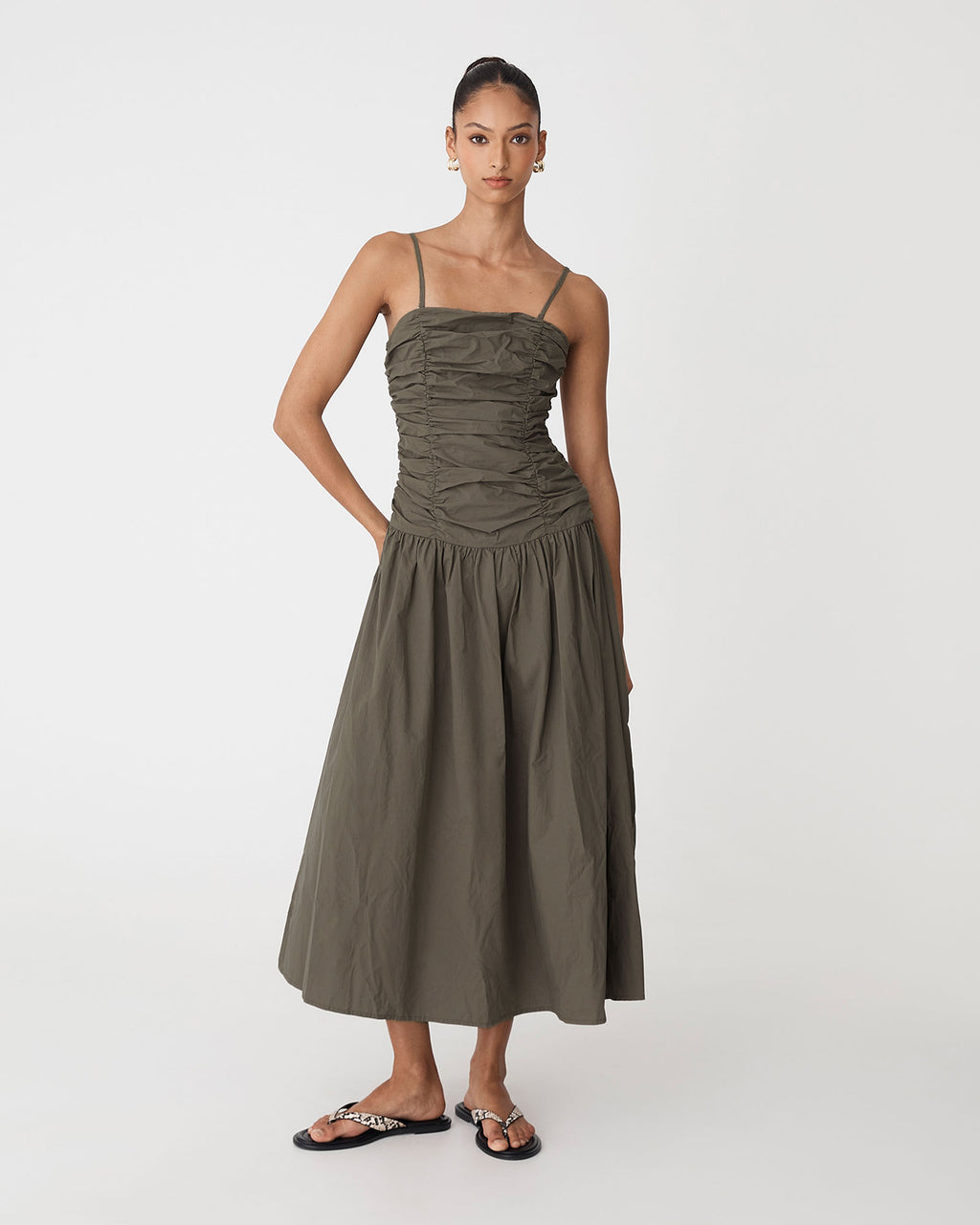 Cathy Cotton Modal Midi Dress in khaki — full-length view 2