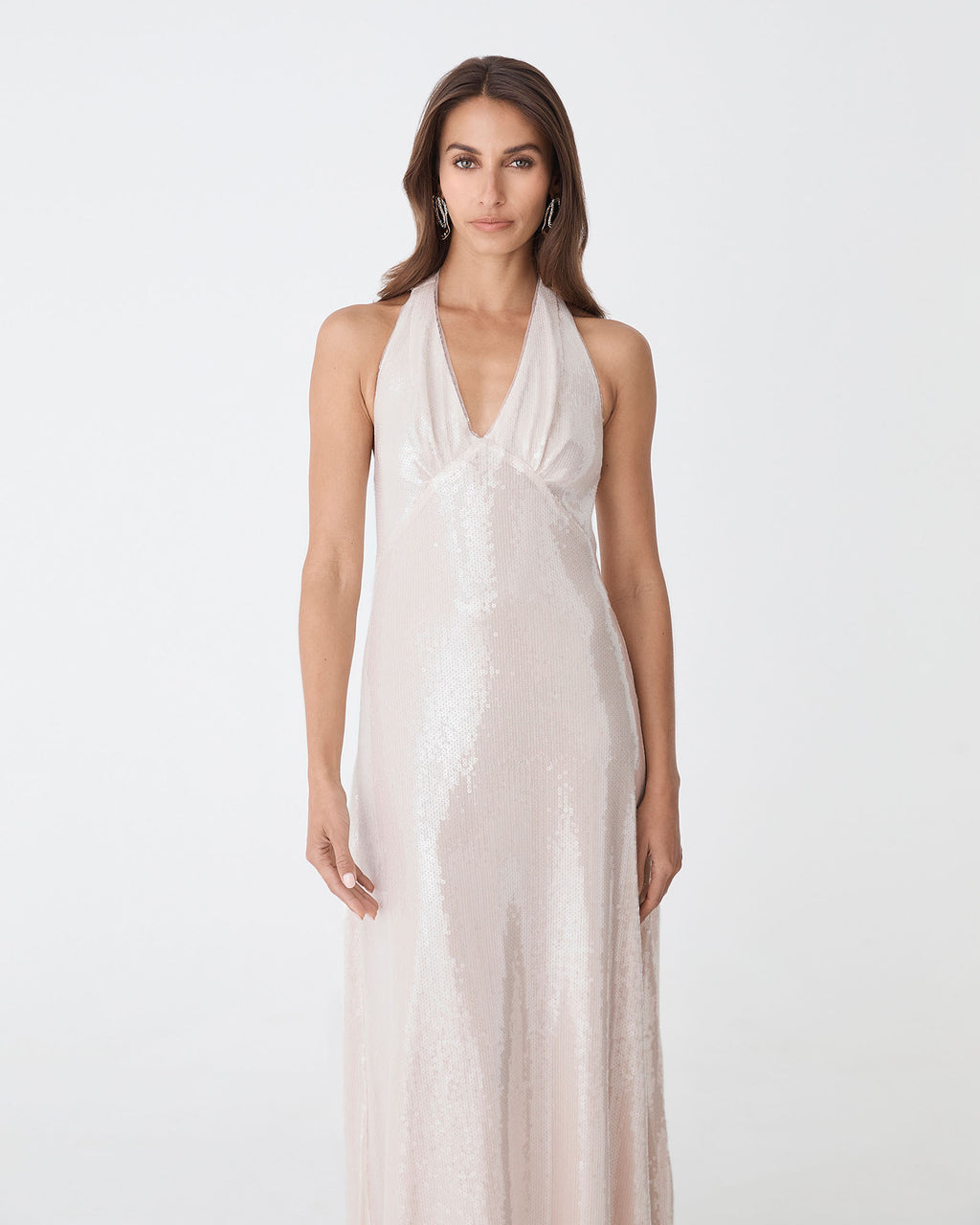 Ariana Sequin Halter Dress in shell — close-up view