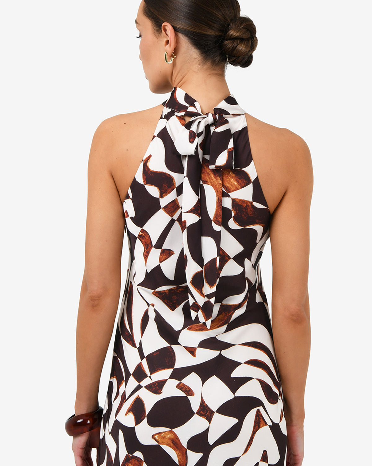 Hazel Printed Halter Dress in brown retro — back view