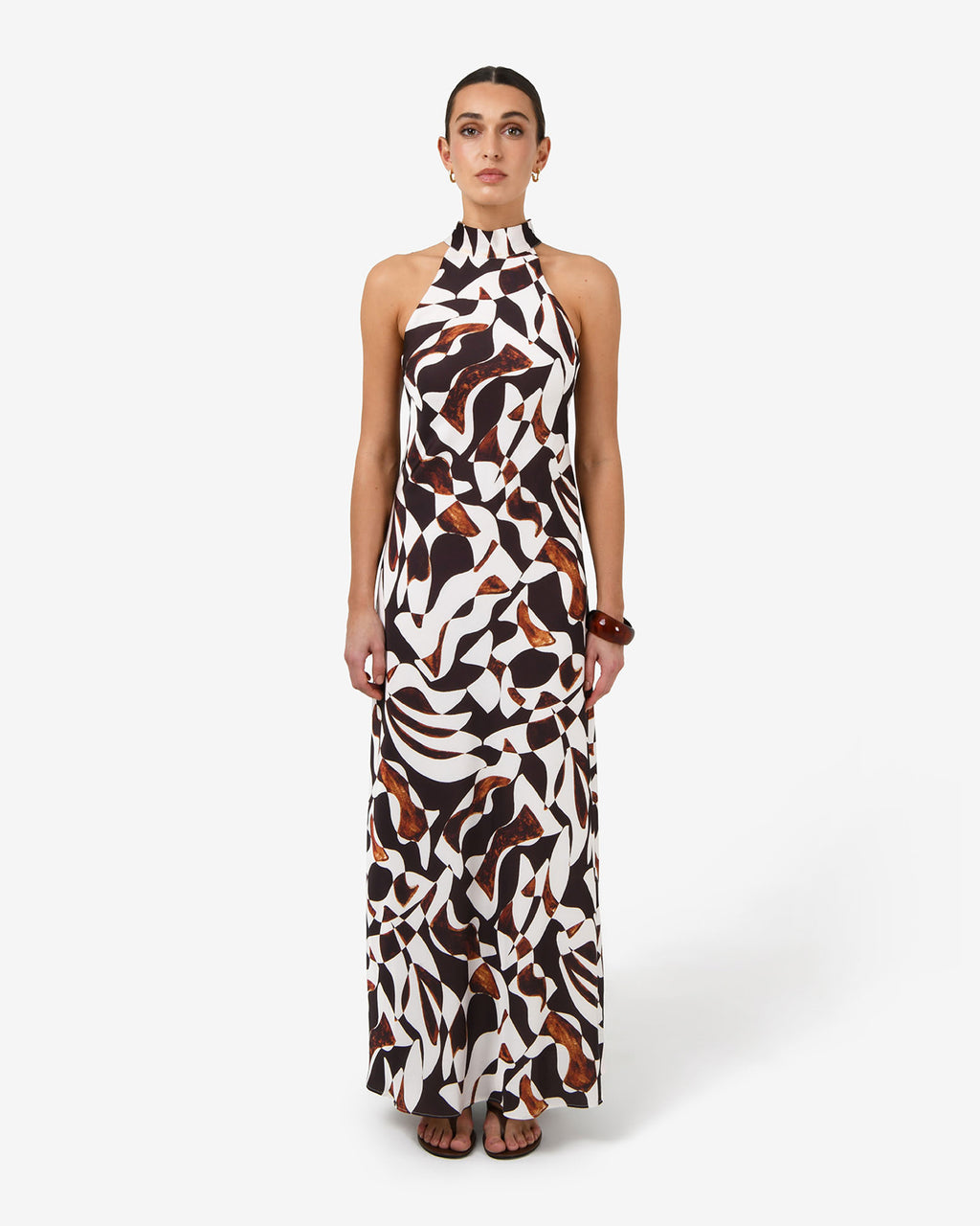 Hazel Printed Halter Dress in brown retro — full-length view 2
