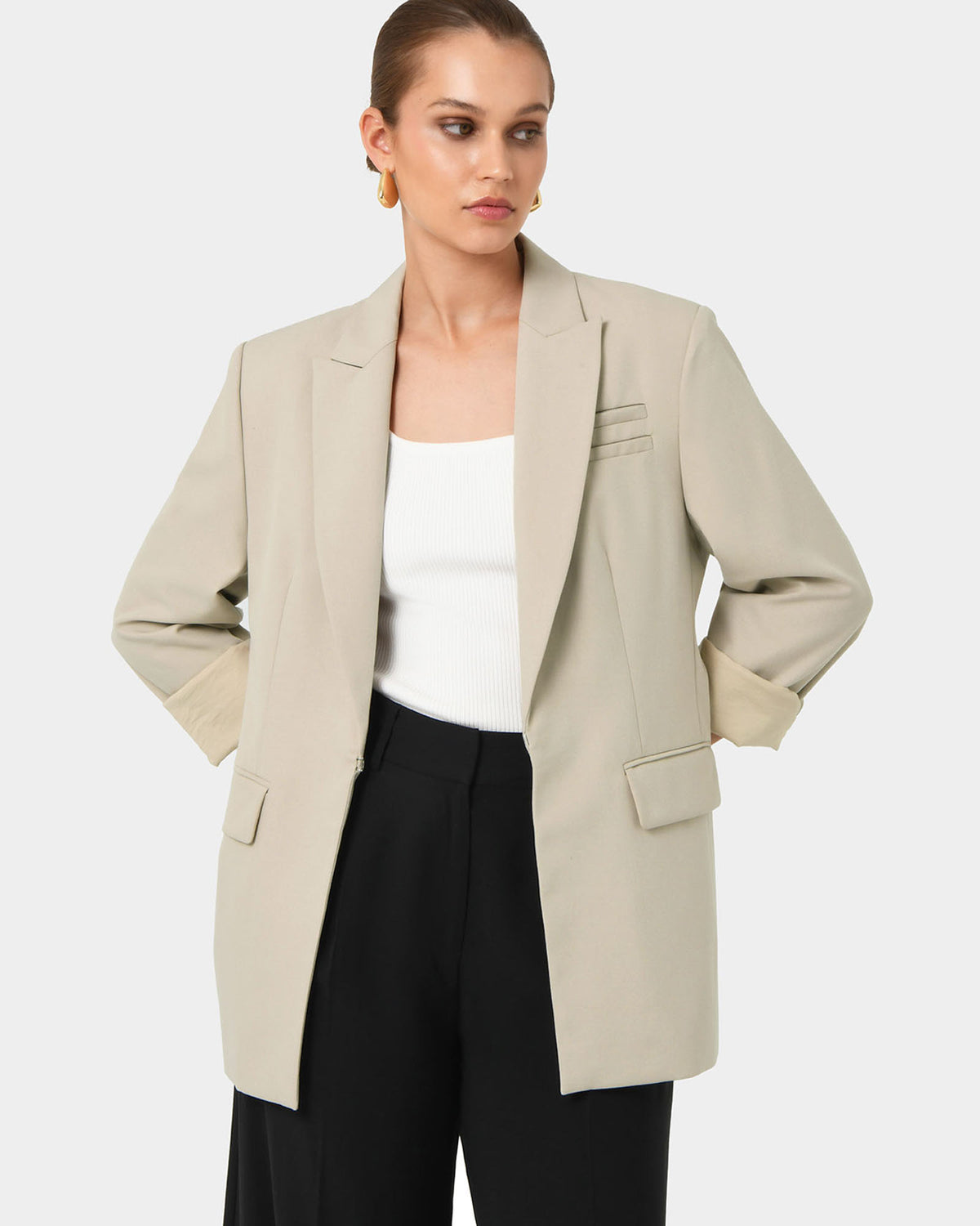 Sonique Tailored Blazer in sand — close-up view