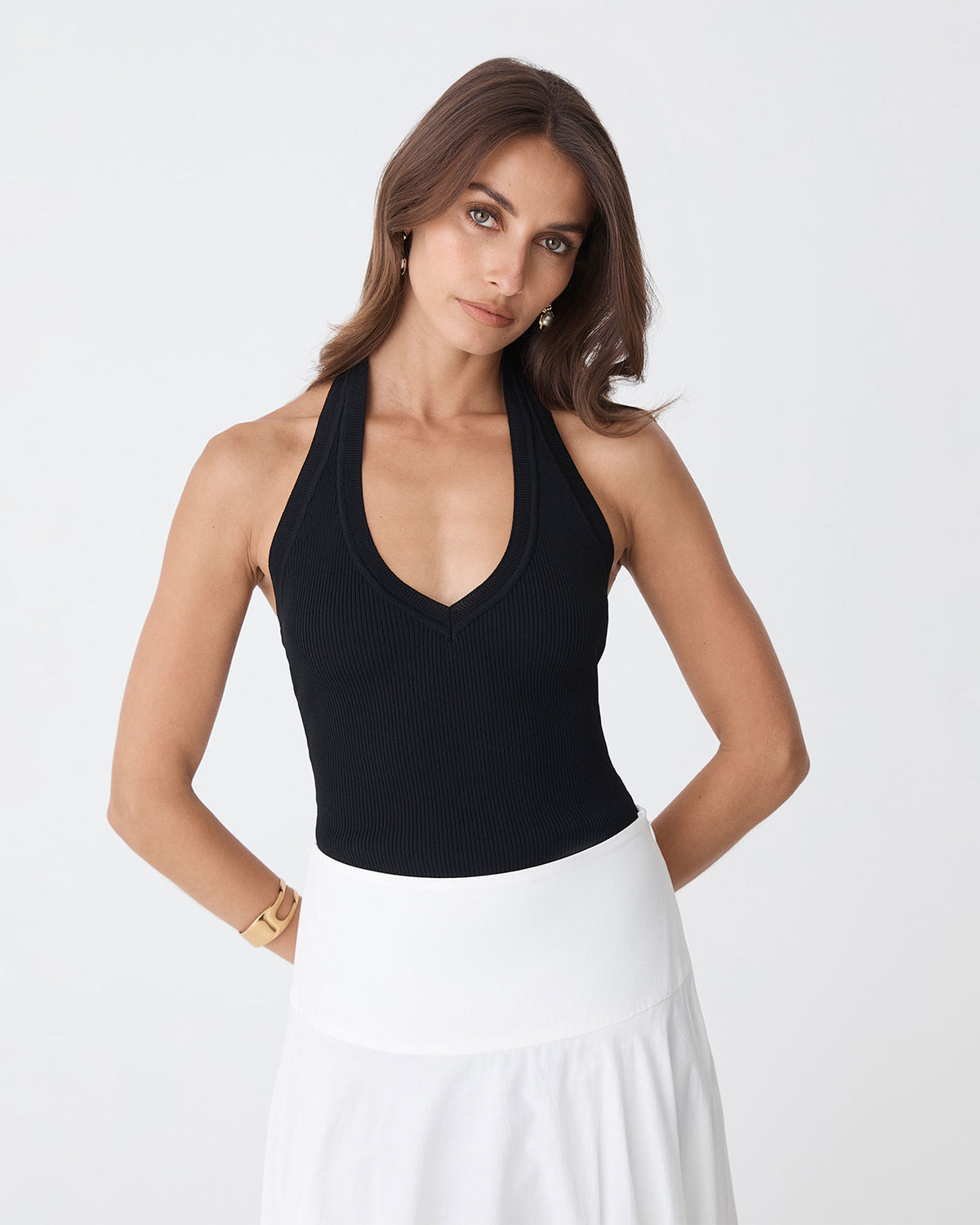 Chantell Halter Knit Top in black — close-up view