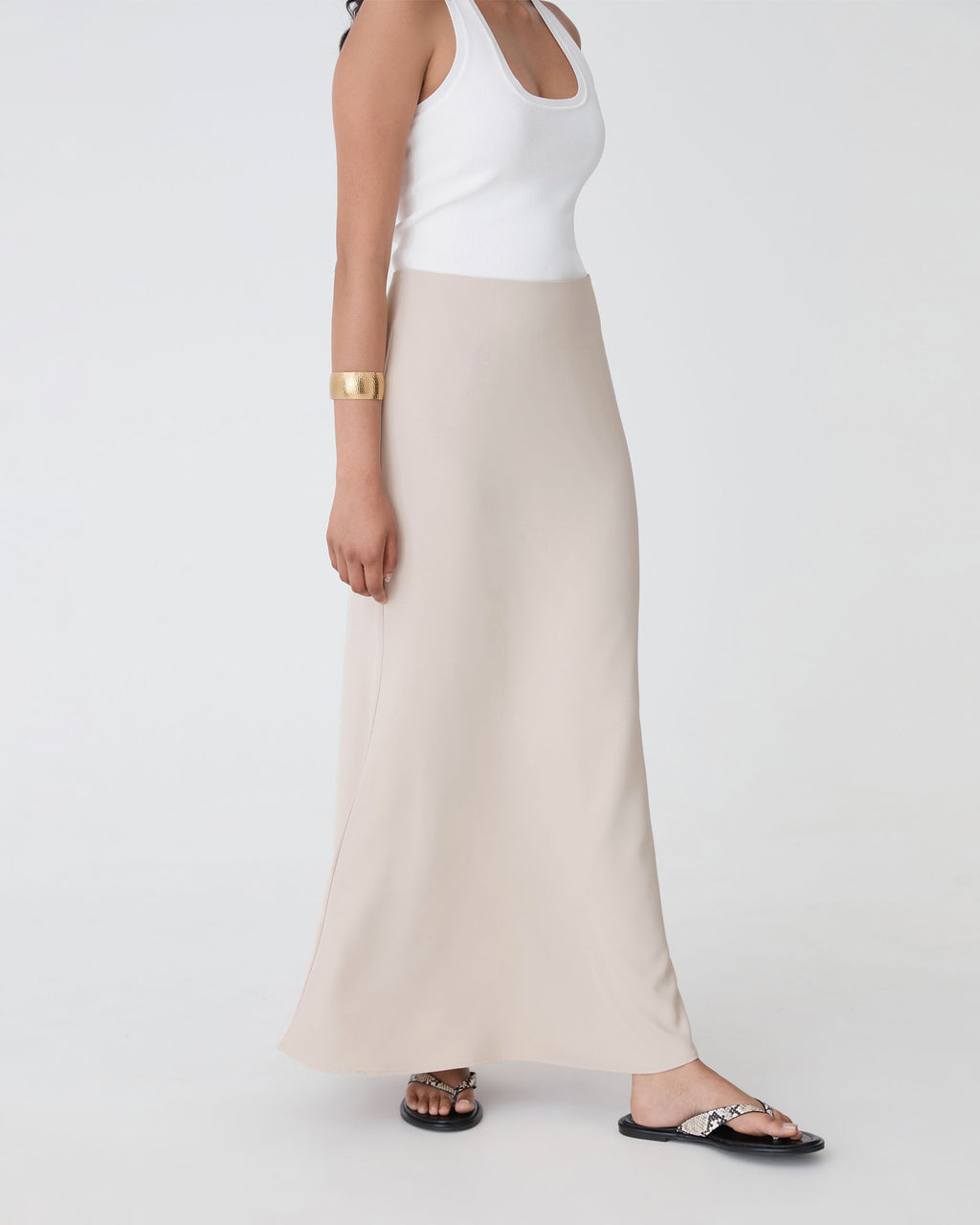 Caris Flared Maxi Skirt in greige — side view