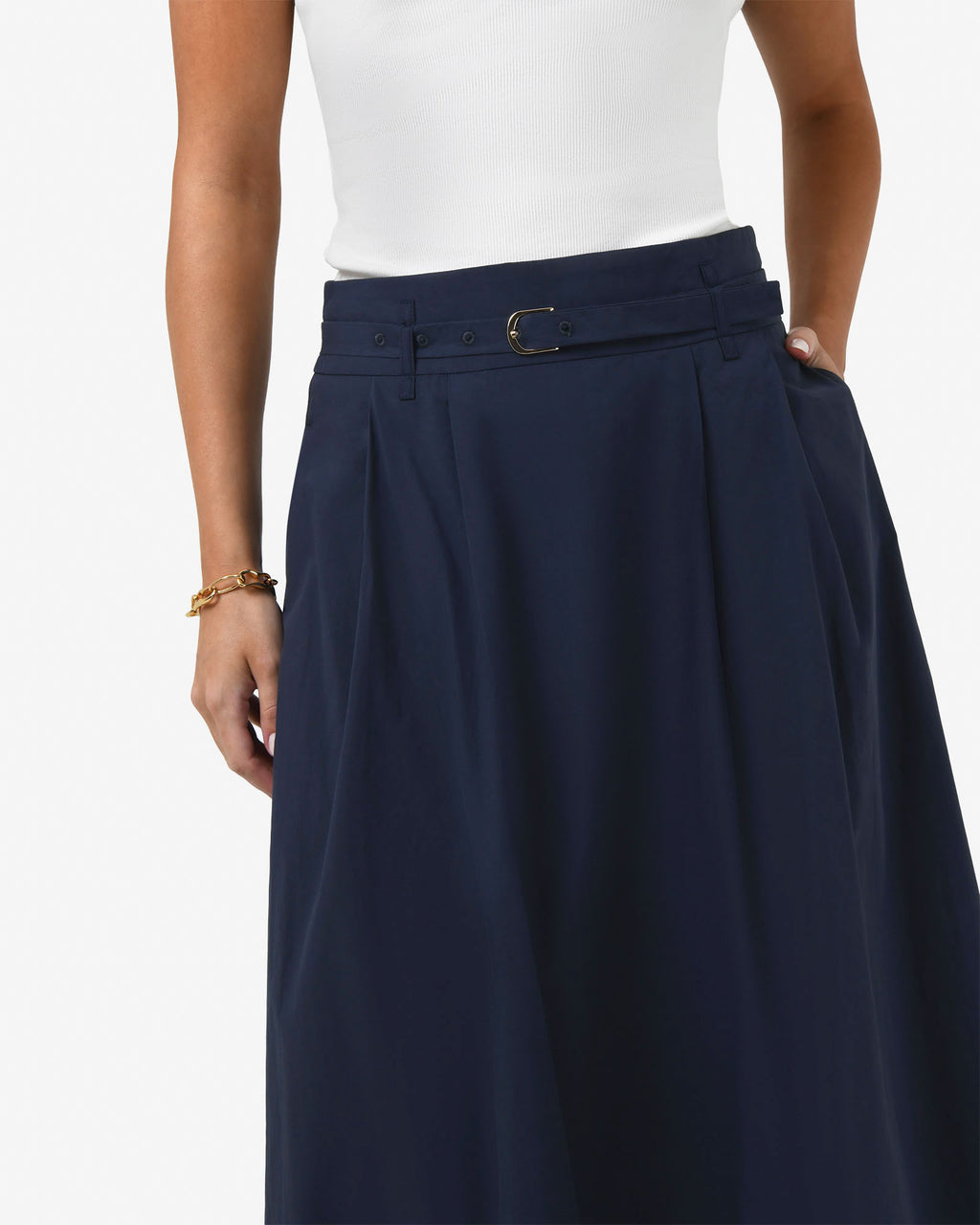 Willow Cotton Belted Skirt in navy — fabric detail