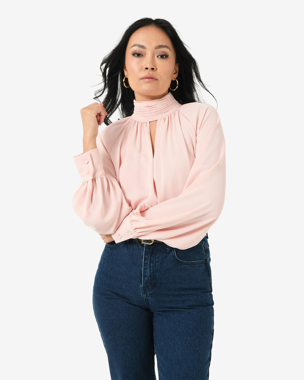 Edina Long Sleeve Blouse in blush pink — close-up view