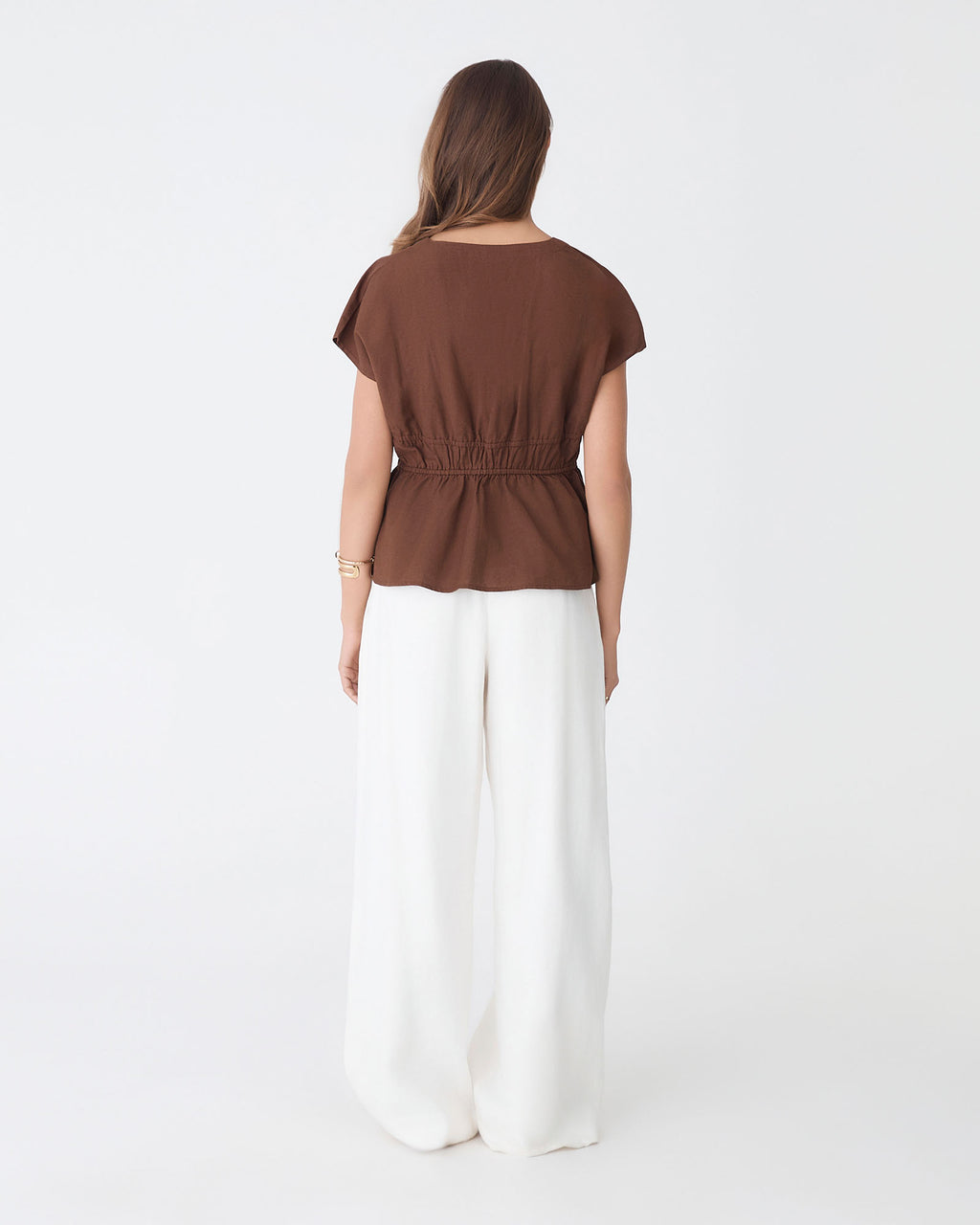 Bronte Cotton Drawstring Top in chocolate — back view
