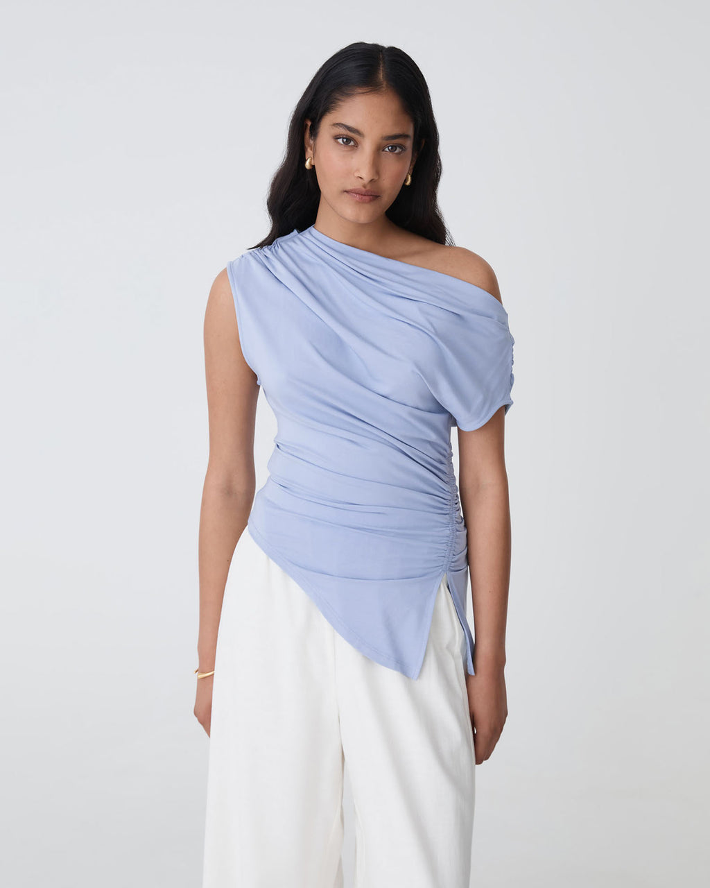 Keeley Bamboo Split Hem Top in light blue — close-up view