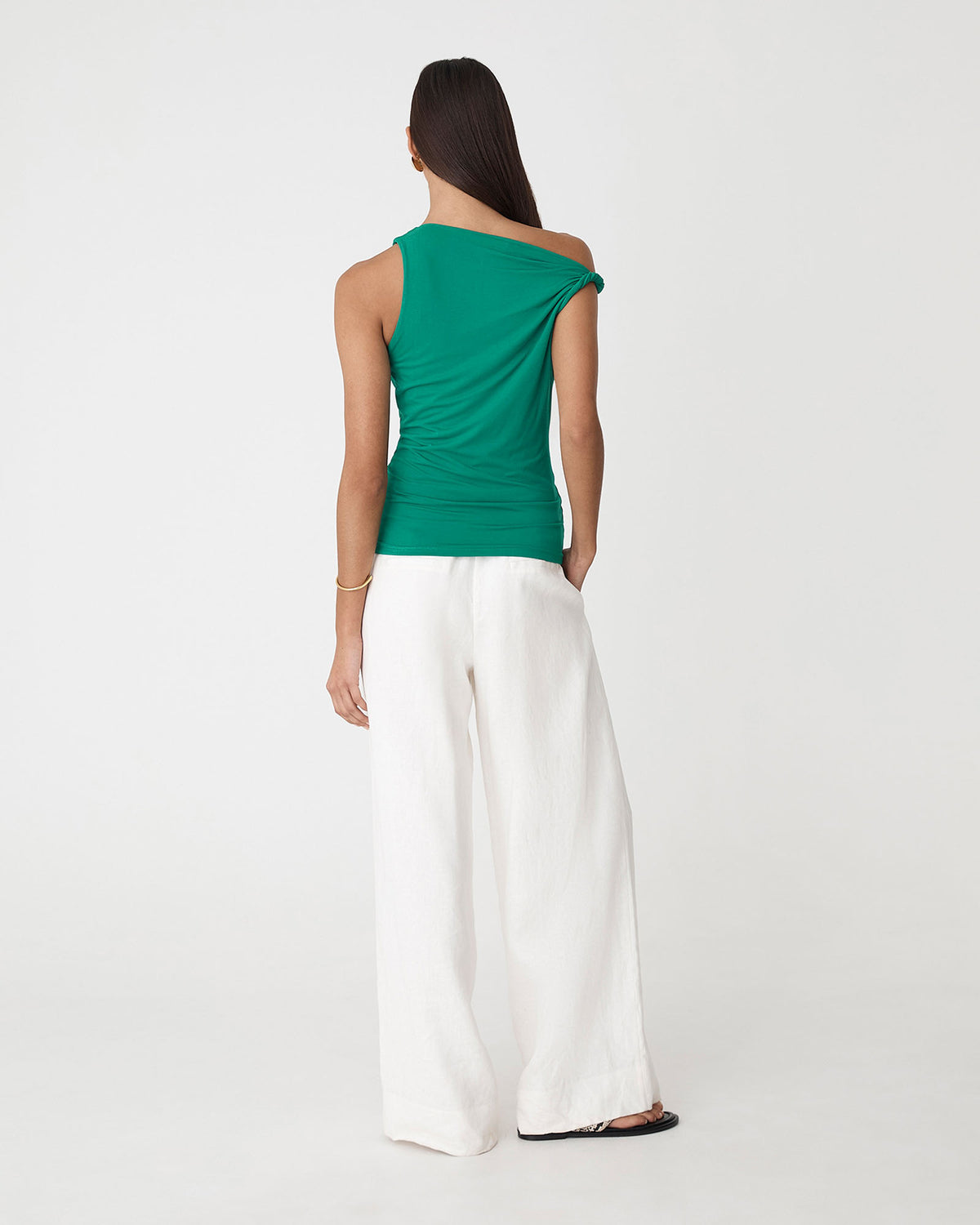 Cici Bamboo Twist Shoulder Top in emerald — back view