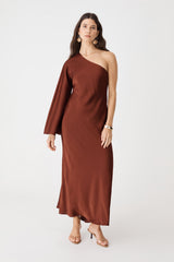 Cleo One Shoulder Satin Dress in brick, front view of maxi length with single flared sleeve