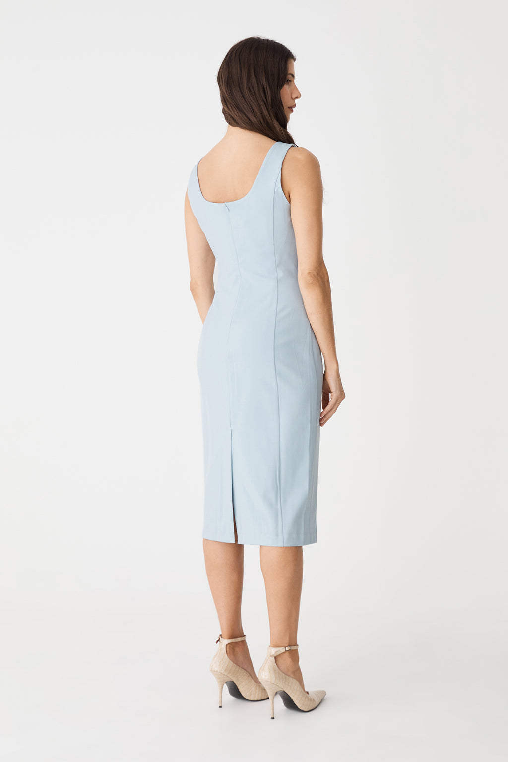 Back view showing square neckline, concealed zip and centre-back hem slit
