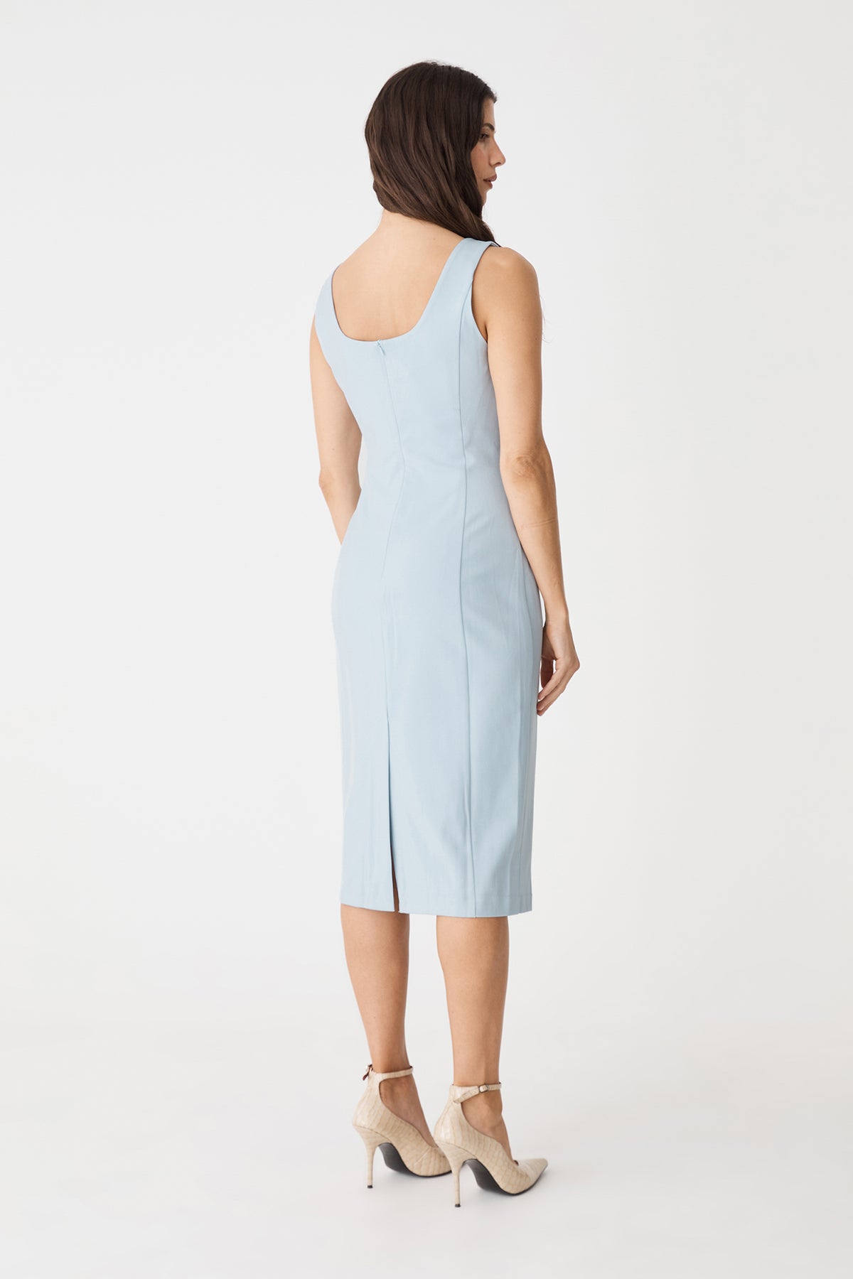 Back view showing square neckline, concealed zip and centre-back hem slit