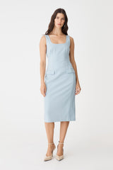 Melanie Tailored Pencil Dress in sky blue, front view of sleeveless midi dress with square neckline