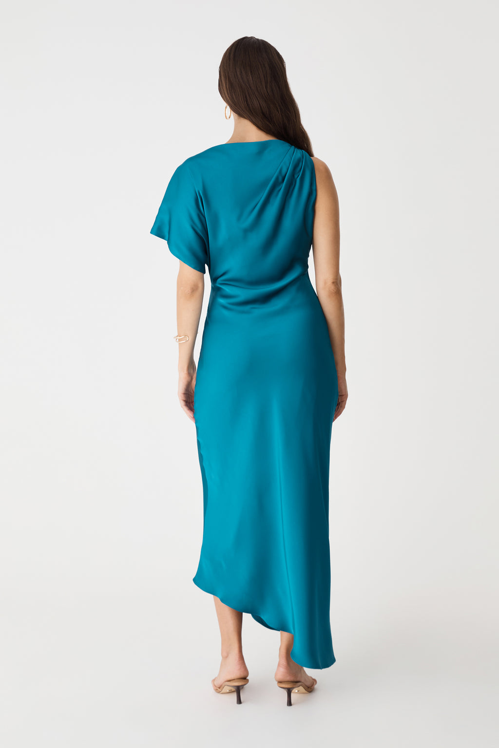 Back view of the aquamarine satin dress
