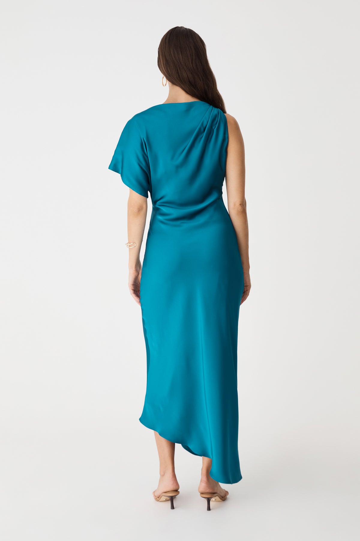 Back view of the aquamarine satin dress