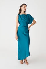 Aurelia Asymmetric Satin Dress in aquamarine, front view with flutter sleeve on left shoulder