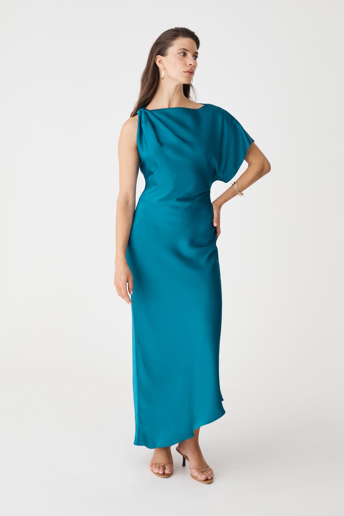 Aurelia Asymmetric Satin Dress in aquamarine, front view with flutter sleeve on left shoulder