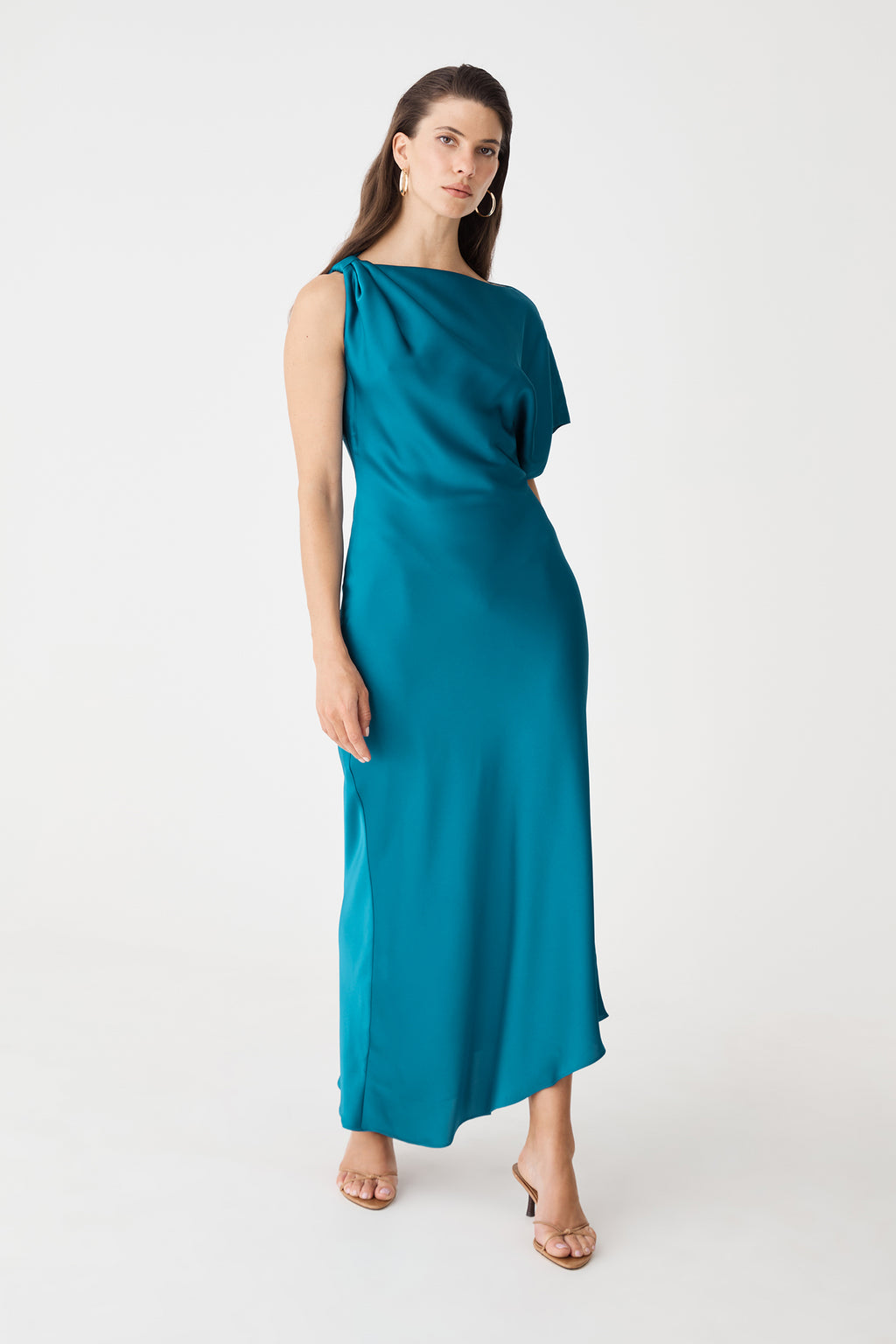 Front view showing asymmetric high-low hemline