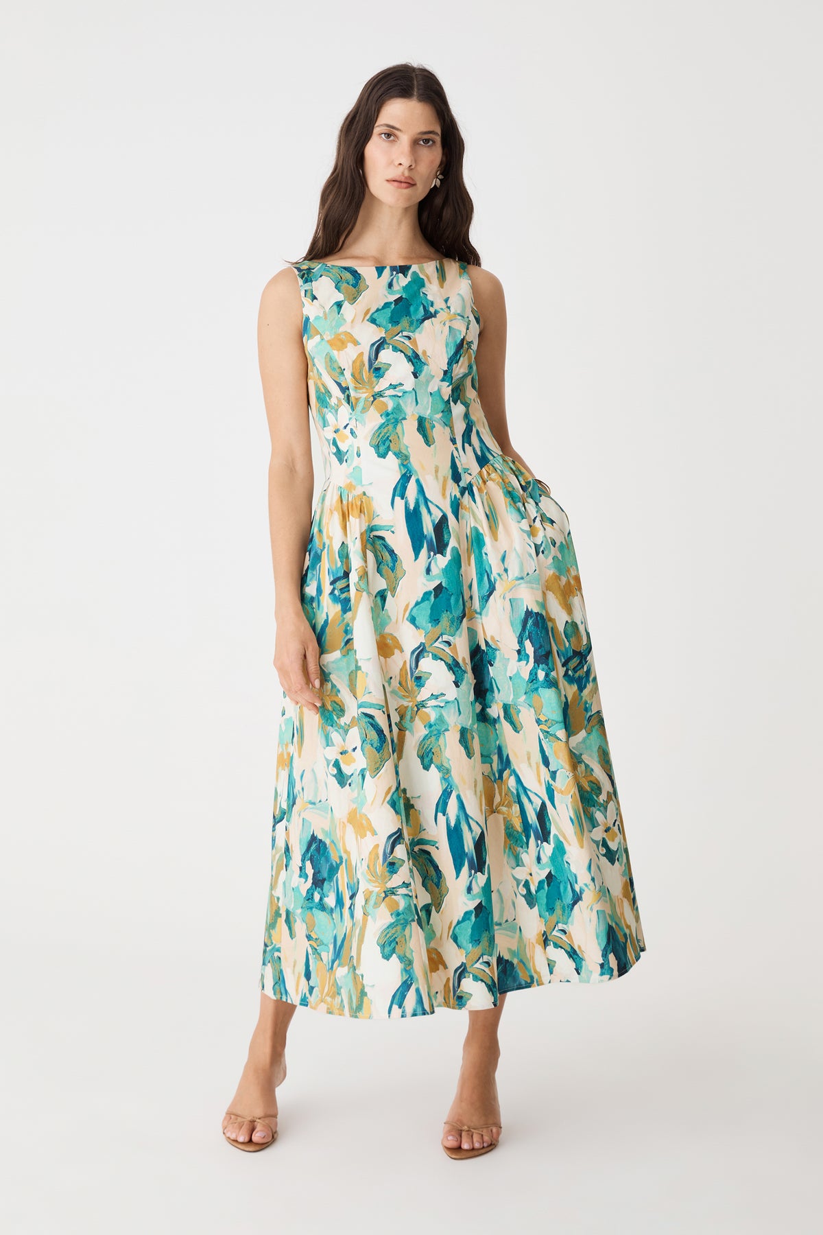 Liza Gather Detail Print Dress in Teal Watercolour floral print, front view worn with heeled sandals