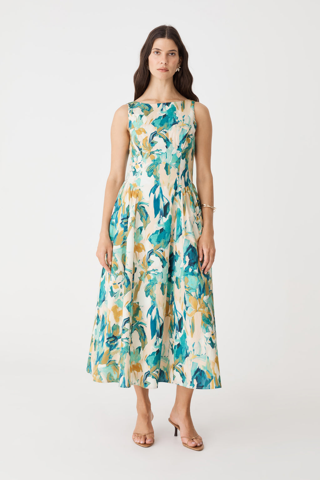 Liza Gather Detail Print Dress in multi colour floral print, front view of sleeveless A-line midi dress